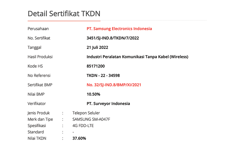 Hasil Sertifikasi TKDN dari Samsung Galaxy A04s (Sumber: Kemenprin)