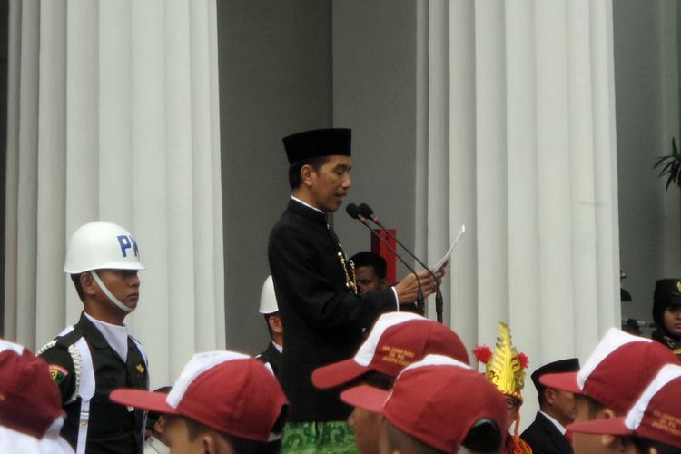 Presiden Joko Widodo saat berpidato pada upacara peringatan Hari Lahir ke-72 Pancasila, di Gedung Pancasila, Kementerian Luar Negeri, Jakarta Pusat, Kamis (1/6/2017).