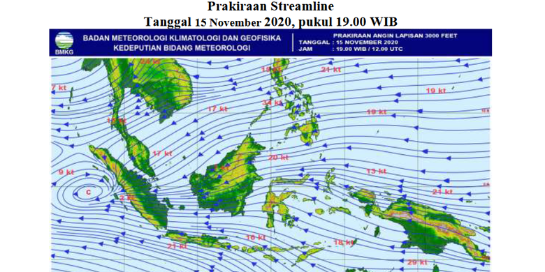 Prakiraan streamline siklon tropis Vamco pada Minggu (15/11/2020) pukul 19.00 WIB. Diperkirakan punah Minggu malam.