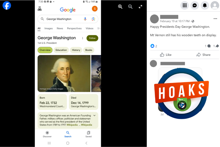 Tangkapan layar konten hoaks di sebuah akun Facebook, Senin (19/2/2024), yang menyebutkan George Washington memakai gigi palsu yang terbuat dari kayu.