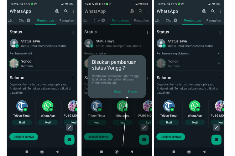 Ilustrasi cara membisukan status WhatsApp