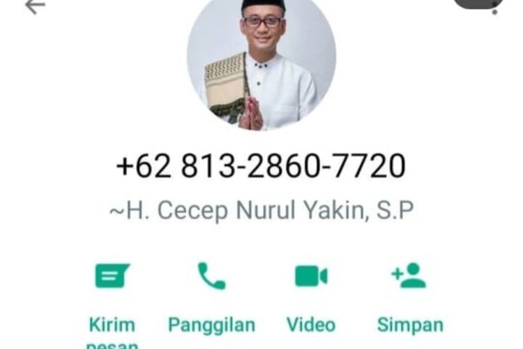 Nomor ponsel whatsapp pelaku penipuan yang mengatasnamakan Wakil Bupati Tasikmalaya Cecep Nurul Yakin, menyebar bermodus minta sejumlah uang ke para pemilik yayasan dan dijanjikan dapat bansos.