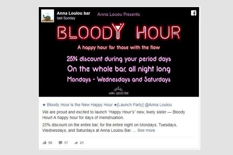 Reklame diskon bagi perempuan pengunjung yang menstruasi di bar Anna Loulou. 