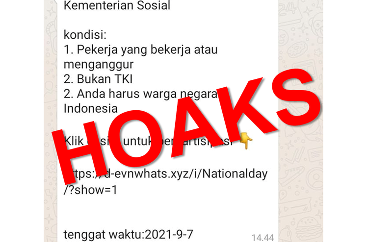 Hoaks, pesan berantai berisi link untuk mendapatkan bonus dana bantuan Covid-19 dari Kemensos.