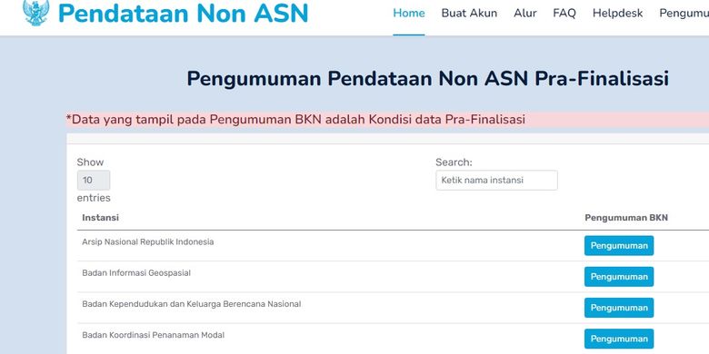 Laman pengumuman pendataan tenaga non-ASN prafinalisasi di https://pengumuman-nonasn.bkn.go.id/pengumuman