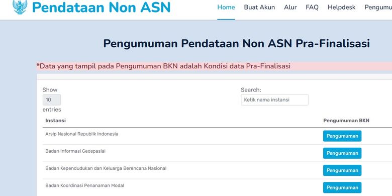 Laman pengumuman pendataan tenaga non-ASN prafinalisasi di https://pengumuman-nonasn.bkn.go.id/pengumuman