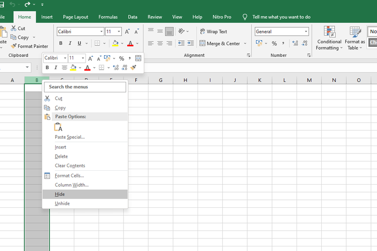 Cara menyembunyikan kolom dan baris di Microsoft Excel.