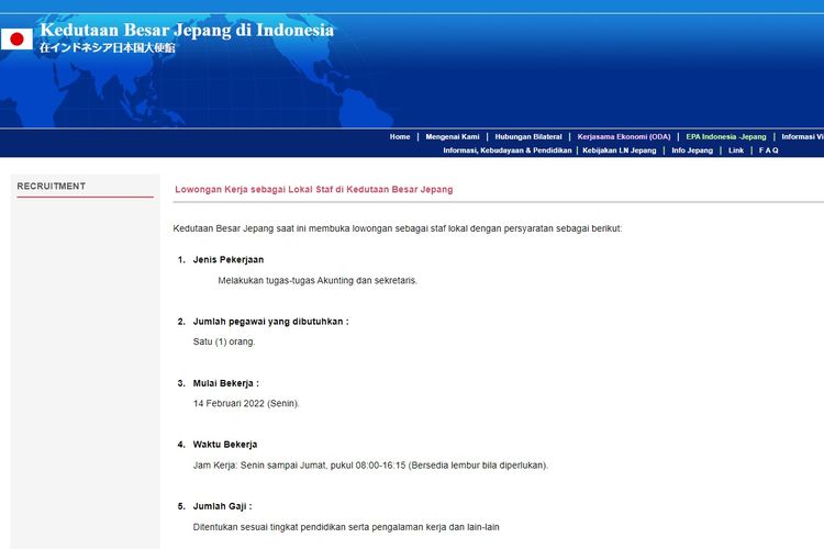 Tangkapan layar lowongan kerja staf lokal di Kedutaan Besar Jepang di Indonesia.