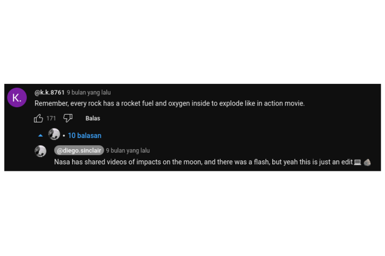 Tangkapan layar komentar pengunggah video YouTube asteroid menghantam Bulan