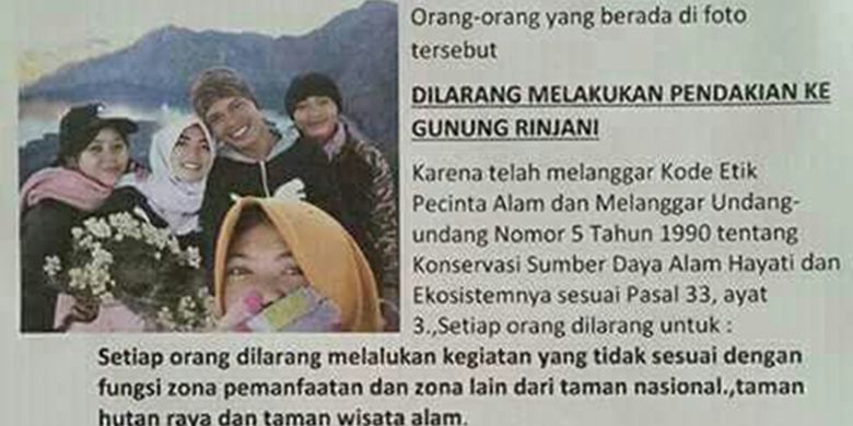 Lima orang yang diduga memetik edelweis dilarang melakukan pendakian oleh Taman Nasional Gunung Rinjani.