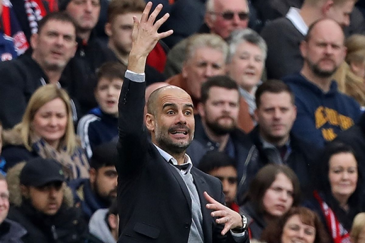 Ekspresi Manajer Manchester City, Josep Guardiola, dalam pertandingan perempat final Piala FA melawan Middlesbrough,  11 Maret 2017. 