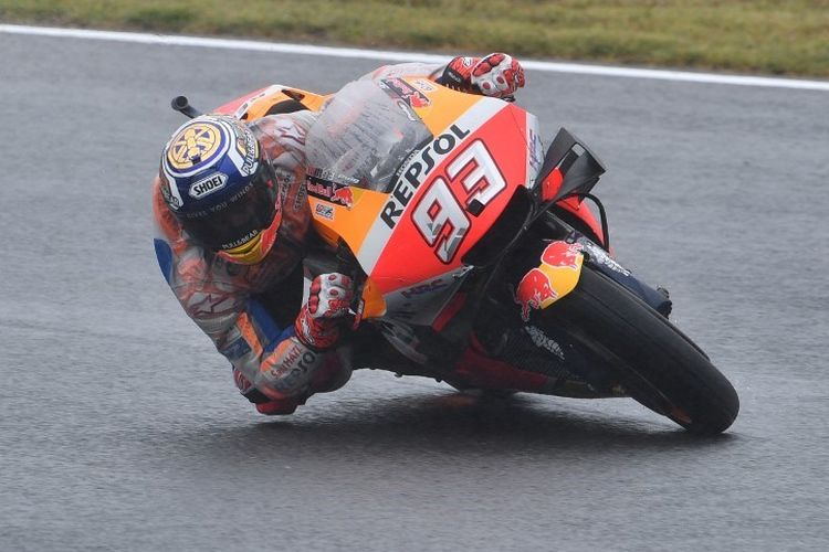 Pebalap Repsol Honda Team, Marc Marquez, saat menjalani sesi latihan ketiga (FP3) di Twin Ring Motegi, Sabtu (19/10/2019).