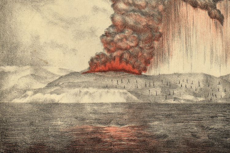Colour lithograph of the eruption of Krakatoa (Krakatau) volcano, Indonesia, 1883; from the Royal Society, The Eruption of Krakatoa and Subsequent Phenomena (1888).