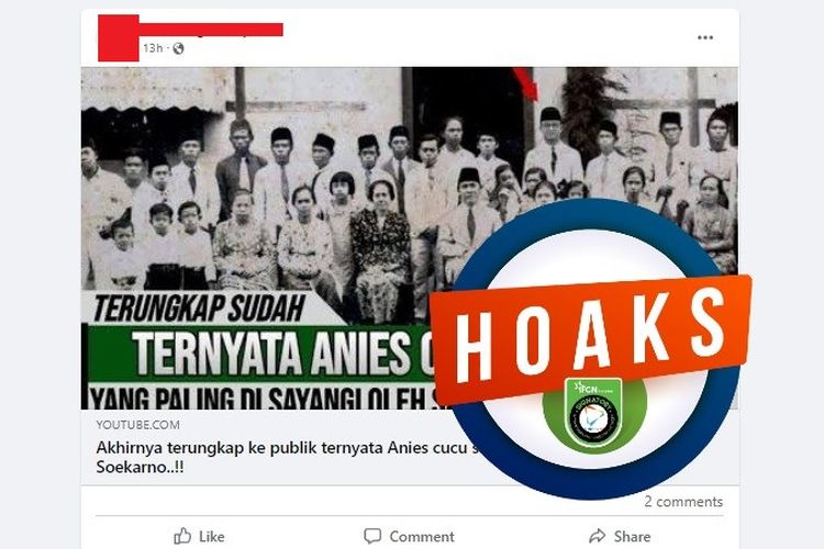 Tangkapan layar Facebook narasi yang menyebut bahwa Anies Baswedan adalah cucu Soekarno