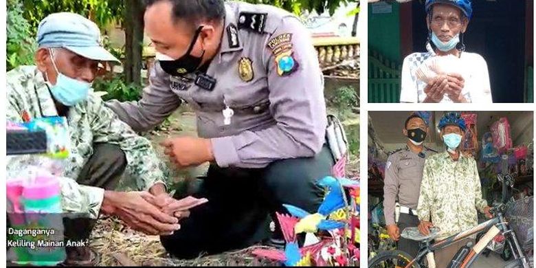 Pedagang mainan bernama Kasmadi (75) kaget mendapat sepeda dan uang dari polisi di Lamongan, Jawa Timur.