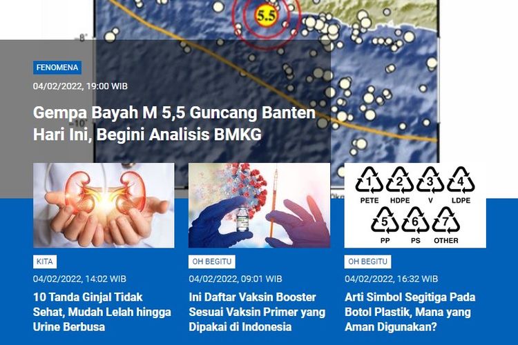 Tangkapan layar berita populer Sains sepanjang Jumat (4/2/2022) hingga Sabtu (5/2/2022). Di antaranya, gempa Bayah M 5,5 guncang Banten, 10 tanda ginjal tidak sehat, hingga daftar vaksin booster dan arti segitiga pada botol plastik.