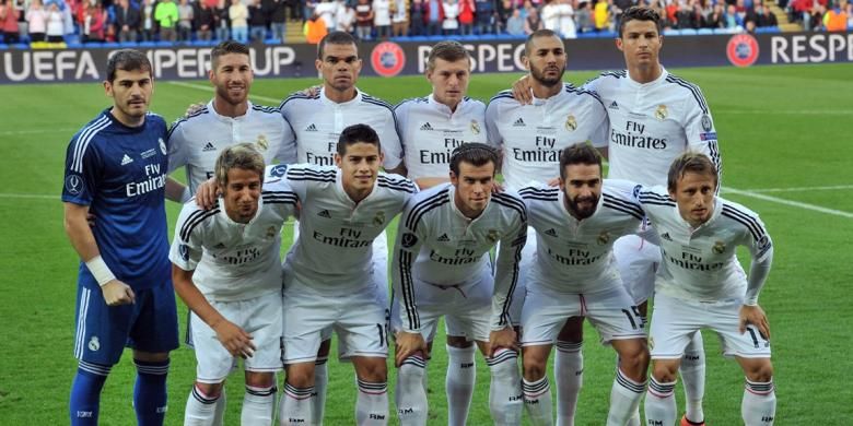 Skuad Real Madrid saat menghadapi Sevilla pada pertandingan Piala Super Eropa di Stadion Cardiff City, Selasa atau Rabu (13/8/2014) dini hari WIB.