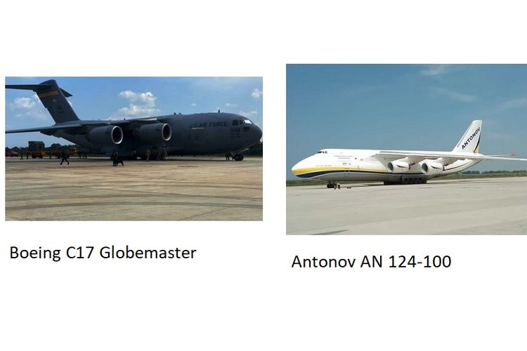 Pesawat US Force Boeing C17 Globemaster (kiri) dan Antonov AN 12-100.