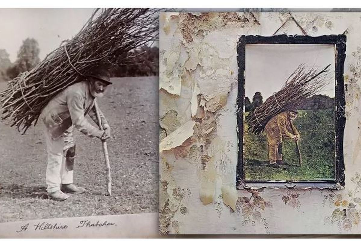 Foto orang tua membawa ranting yang dijadikan sampul album Led Zeppelin IV