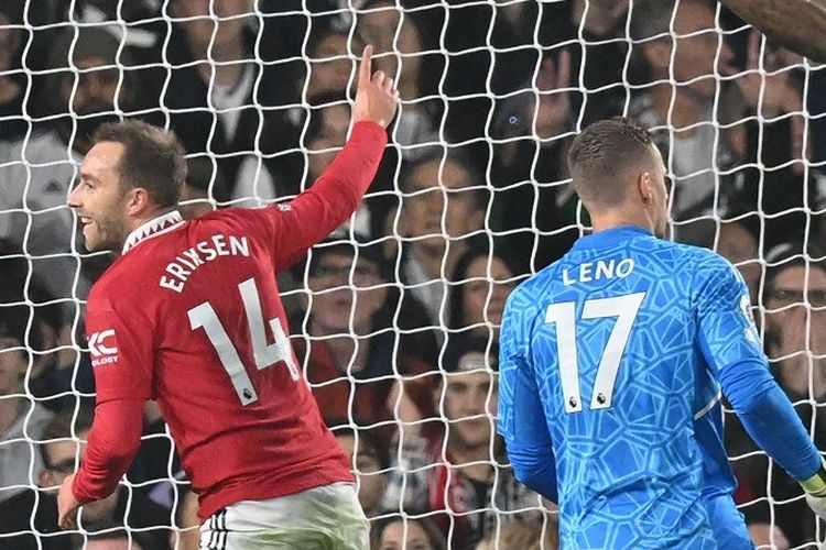 Christian Eriksen mencetak gol pertamanya bagi Manchester United pada laga Liga Inggris kontra Fulham, Minggu (13/11/2022) malam WIB.