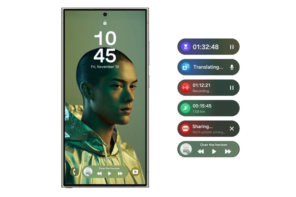 Samsung juga memperkenalkan elemen UI baru yang disebut Now Bar.  Elemen ini menunjukkan aktivitas penting yang sedang berlangsung seperti panggilan suara aktif, mode interpreter, pemutaran musik, pelacakan latihan Samsung Health, SOS, dan pengatur waktu. 
