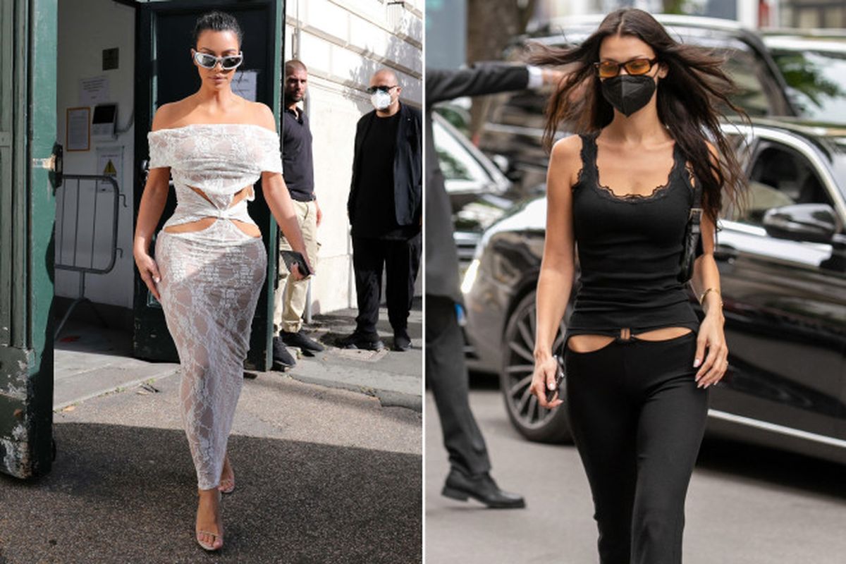 Kim Kardashian dan Bella Hadid dengan busana yang menonjolkan pinggul