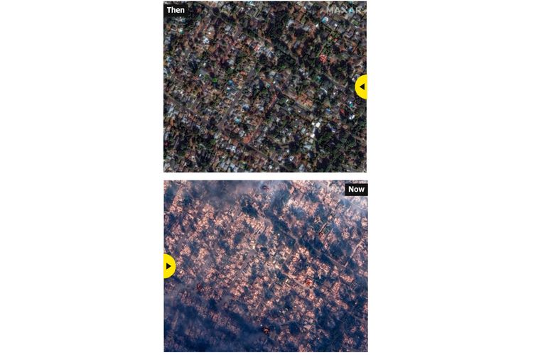 Citra satelit menunjukkan rumah-rumah di Altadena, California, pada tanggal 6 Januari, dan kemudian pada tanggal 8 Januari hangus terbakar dan rata dengan tanah, serta tertutup asap.