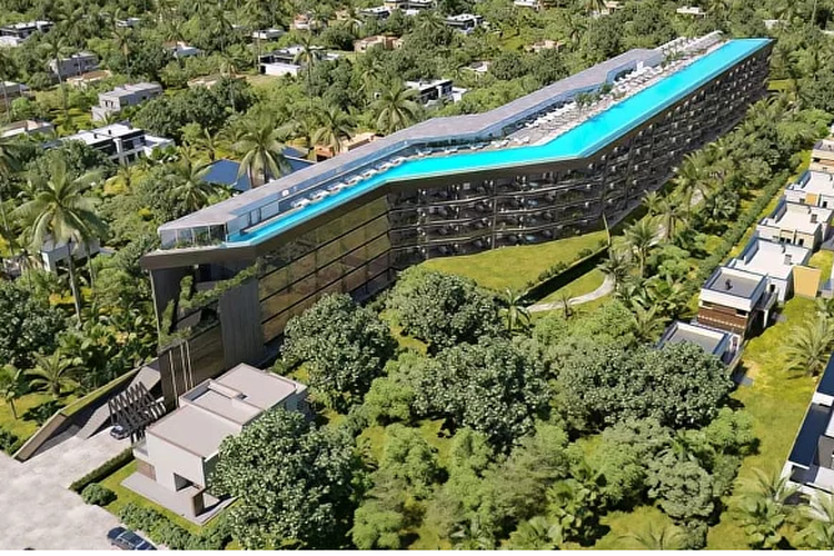 Tampilan desain kompleks apartemen mewah di Bali, Magnum Residence Berawa yang akan memiliki kolam renang rooftop sepanjang 190 meter. 