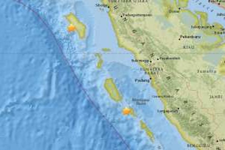 Dua gempa bumi yang terjadi di Mentawai dan Kepulauan Nias, Selasa (21/6/2016) malam.