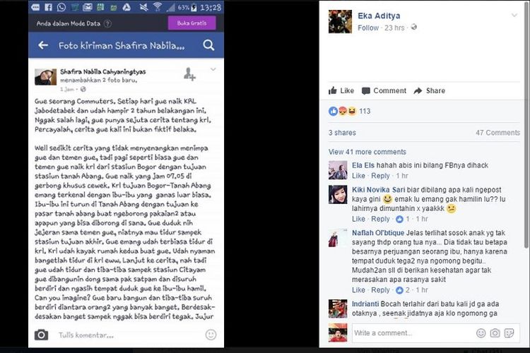 Screenshot status Shafira Nabila Cahyaningtas yang viral karena memaki ibu hamil di Facebook.