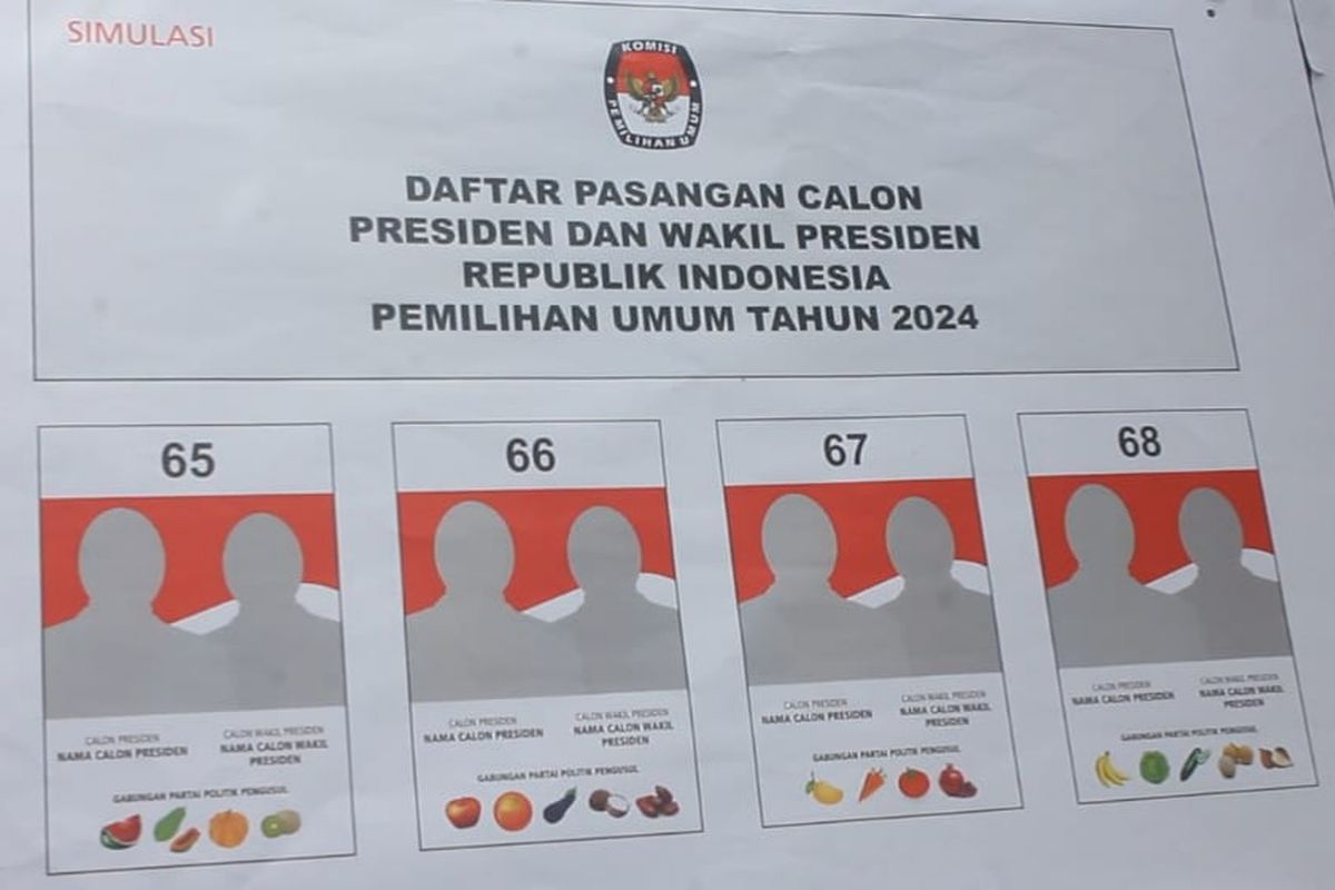 Contoh surat suara dalam simulasi pemantapan pemungutan dan penghitungan suara pada pemilu 2024 di TPS 07, Desa Jepangrejo, Kabupaten Blora, Jawa Tengah, pada Senin (29/1/2024).