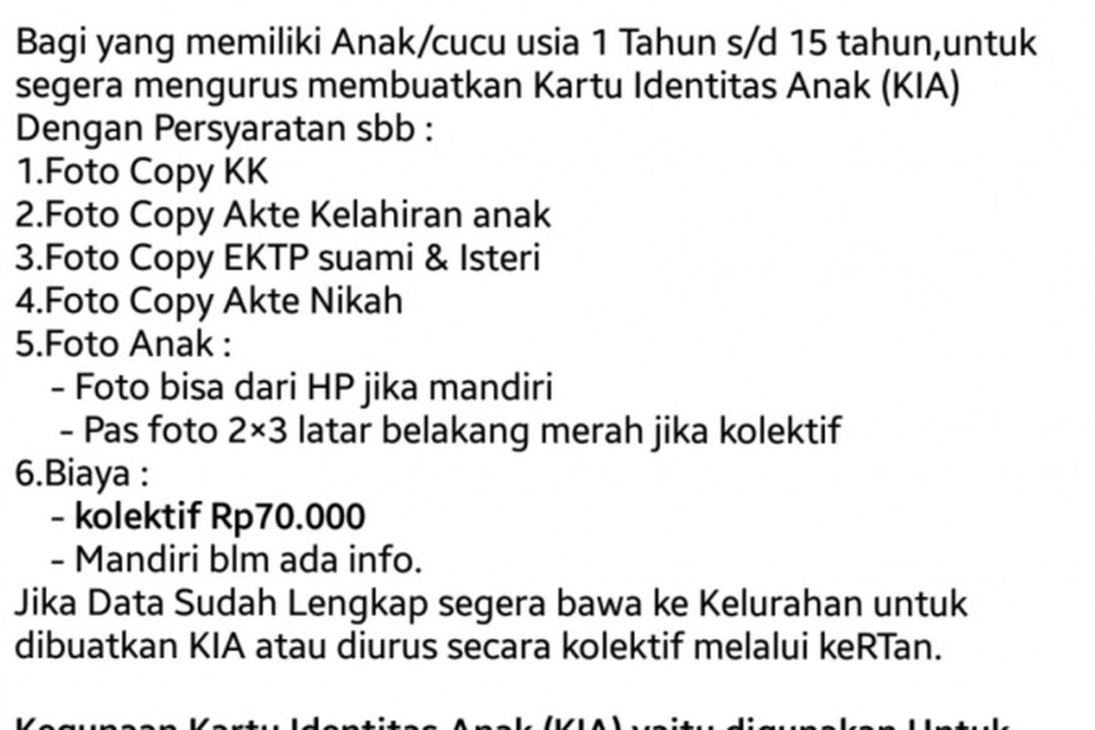 Beredar kabar di masyarakat Kota Bekasi bahwa pembuata Kartu Identitas Anak (KIA) dipungut biaya, Selasa (22/1/2019).