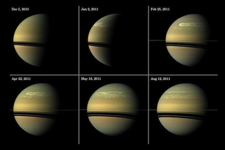 Citra badai Saturnus yang mulai terdeteksi tahun 2010 dan berkembang hingga pertengahan 2011. Badai ini merupakan yang terbesar sejak tahun 1990.