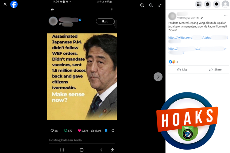 Tangkapan layar konten hoaks di sebuah akun Facebook, Kamis (16/5/2024), mengenai mantan PM Jepang Shinzo Abe dibunuh karena tidak mematuhi perintah WEF.