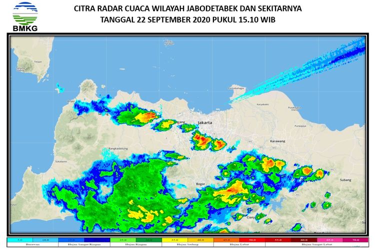 Citra radar cuaca BMKG menunjukkan hujan mengguyur sebagian besar wilayah Jakarta dan sekitarnya pada, Selasa (22/9/2020) sore ini. Curah hujan dari sedang hingga lebat.