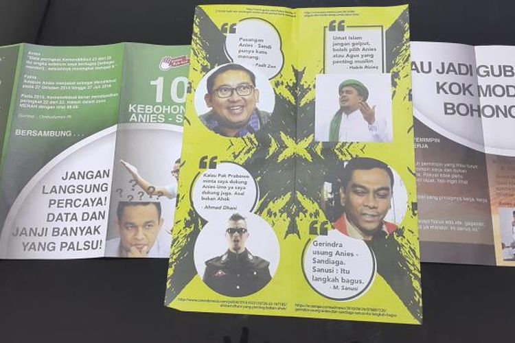 Brosur berisi black campaign terhadap pasangan cagub-cawagub nomor pemilihan tiga DKI Jakarta Anies Baswedan-Sandiaga Uno. Foto diambil Kamis (9/2/2017).