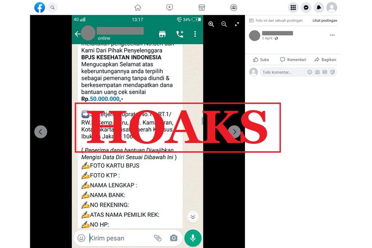 Tangkapan layar unggahan hoaks di sebuah akun Facebook, 5 April 2022, soal pesan berisi penawaran hadiah tunai Rp 50 juta dari BPJS Indonesia.