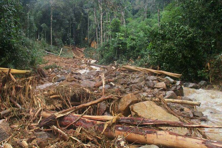 Material sampah dari pepohonan yang tercerabut akibat banjir dan longsor di objek wisata air terjun Senggilipan, Kecamatan Delang, Kalimantan Tengah