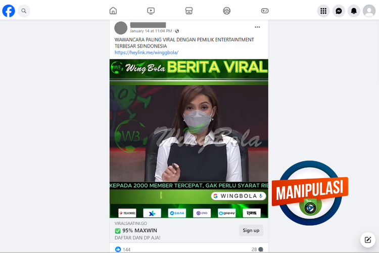 Tangkapan layar konten hoaks di sebuah akun Facebook, Minggu (14/1/2024), berisi video yang menampilkan Najwa Shihab dan Raffi Ahmad mempromosikan situs judi online.