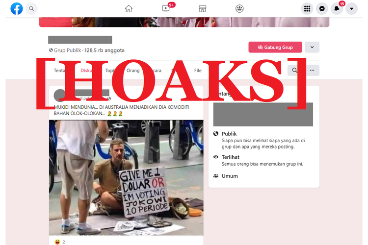 Tangkapan layar unggahan hoaks di sebuah akun Facebook, tentang foto WNA memegang spanduk di jalan meminta 1 dolar agar tidak memilih Jokowi.