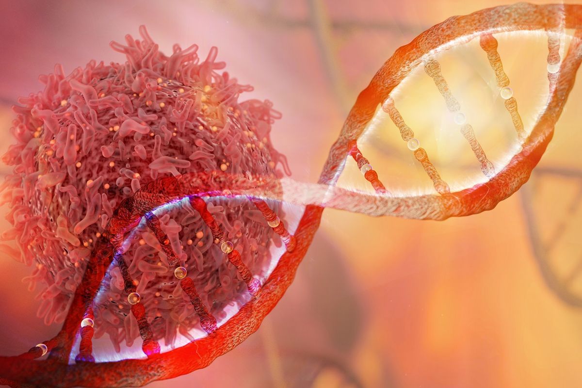Ilustrasi sel dan gen DNA kanker.