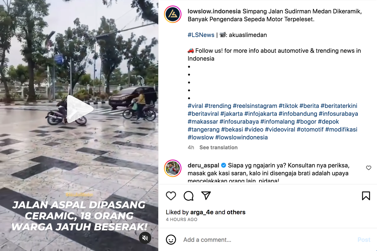 Pengendara sepeda motor terpeleset saat melewati jalan dengan material keramik