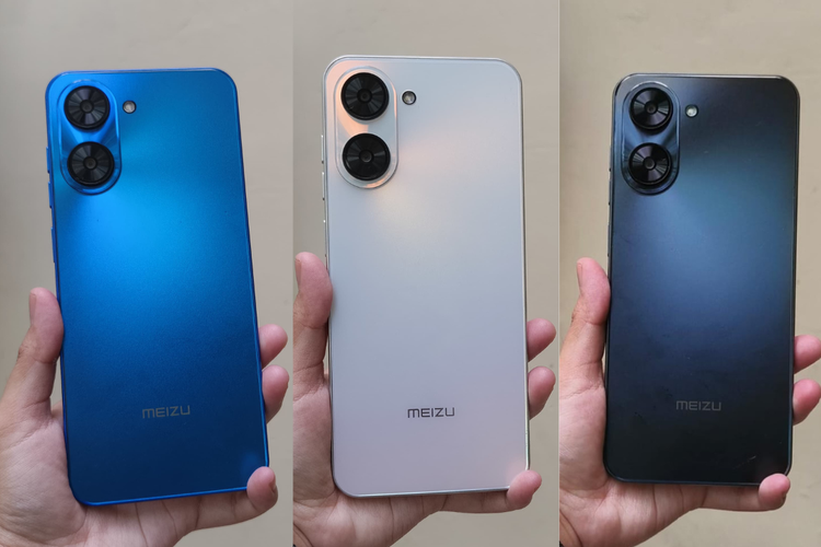 Tampilan belakang Meizu Mblu 21 varian warna Blue, White, dan Black