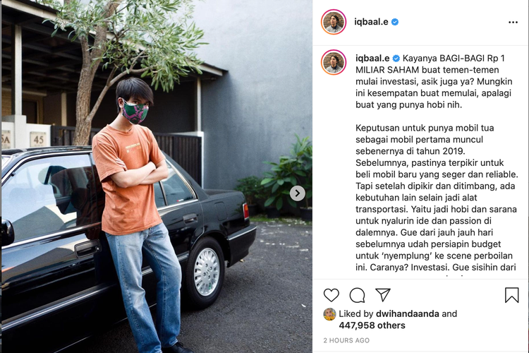 Laman Instagram Iqbaal Ramadhan bekerja sama dengan Ajaib membagi-bagikan saham untuk generasi muda.