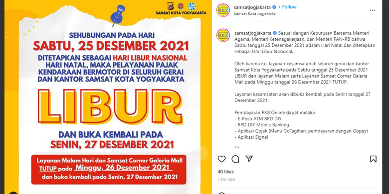 Layanan Samsat Yogyakarta libur saat natal dan tahun baru