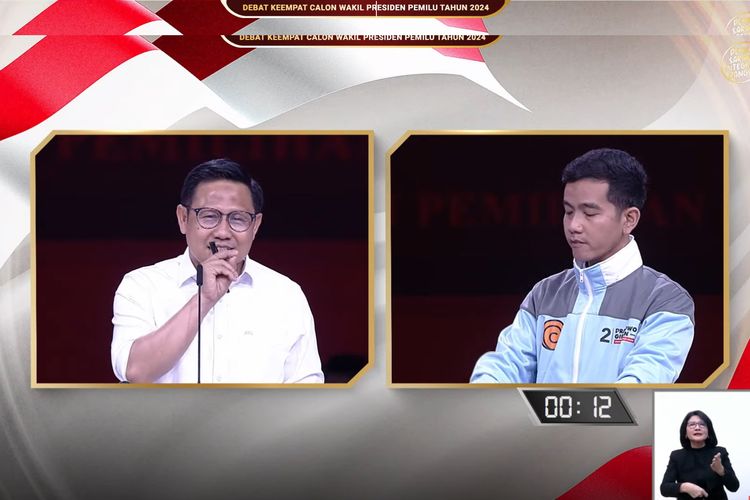 Cawapres nomor urut 2 Gibran Rakabuming Raka mendapat pertanyaan dari cawapres nomor urut 1 Muhaimin Iskandar dalam debat pilpres ke-4, Minggu (21/1/2024).