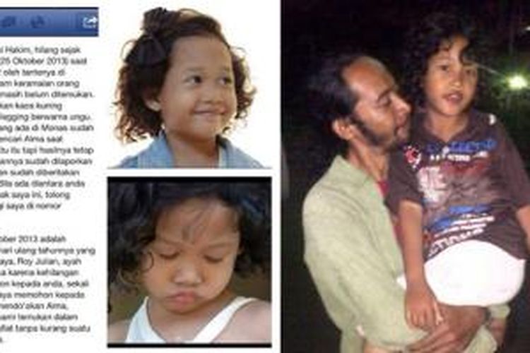 Alma Aini Hakim digendong ayahnya (kanan) setelah ditemukan di Kawasan Monas, Rabu (30/10/2013). Di sisi kiri adalah pesan berantai yang tersebar di jejaring media sosial soal hilangnya Alma.