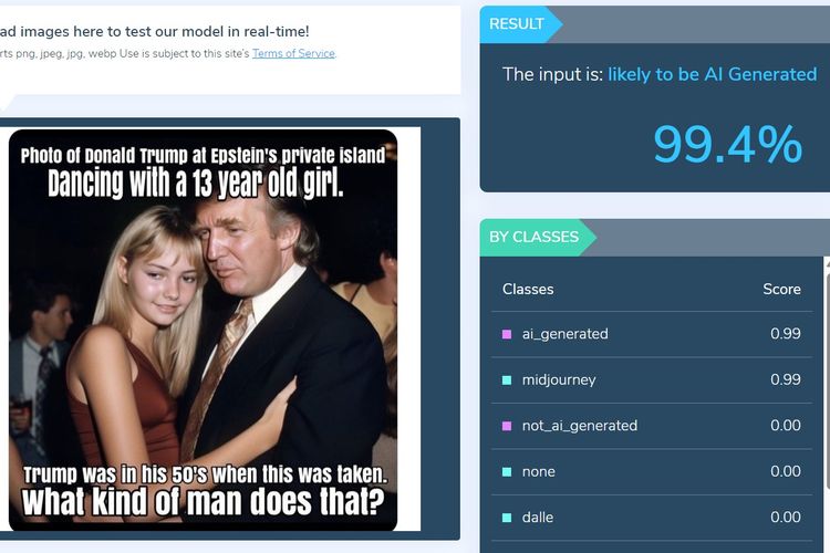 Tangkapan layar hasil deteksi Hive Moderation untuk foto Donald Trump bermesraan dengan gadis 13 tahun.