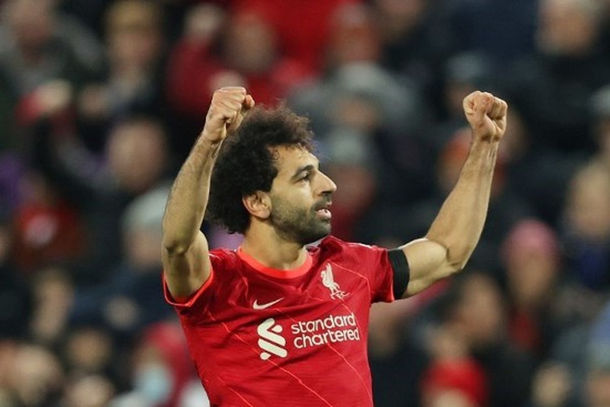 Ekspresi Mohamed Salah seusai mencetak gol penalti pada laga pekan ke-16 Liga Inggris yang mempertemukan Liverpool vs Aston Villa di Stadion Anfield pada Sabtu (11/12/2021) malam WIB. Laga Liverpool vs Aston Villa berakhir 1-0 untuk kemenangan tim tuan rumah.