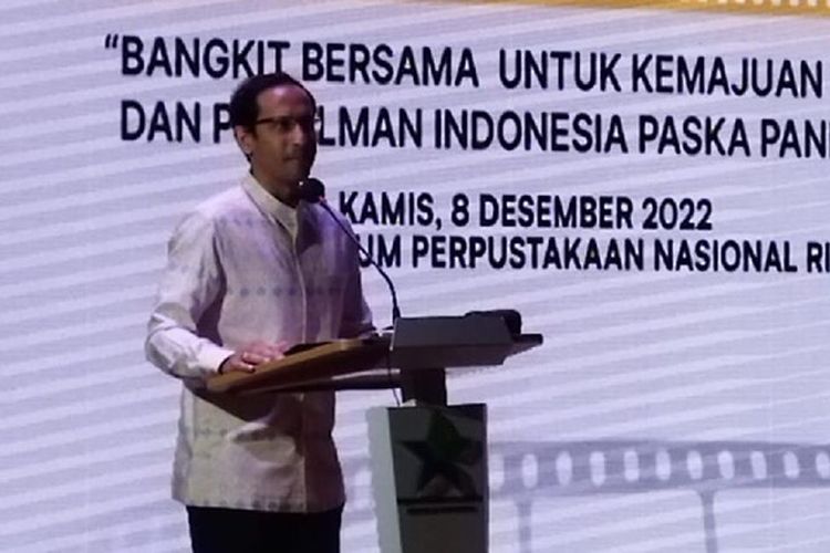 Menteri Pendidikan, Kebudayaan, Riset, dan Teknologi (Mendikbudristek) Nadiem Makarim di Perpusnas, Jakarta, Kamis (8/12/2022). 